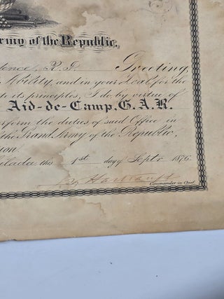 GRAND ARMY OF THE REPUBLIC AIDE-DE-CAMP COMMISSION SIGNED BY NATIONAL LEADERSHIP 1876